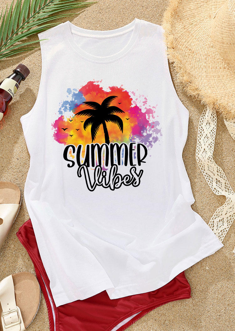

Tank Tops Summer Vibes Coconut Tree Tank Top in White. Size