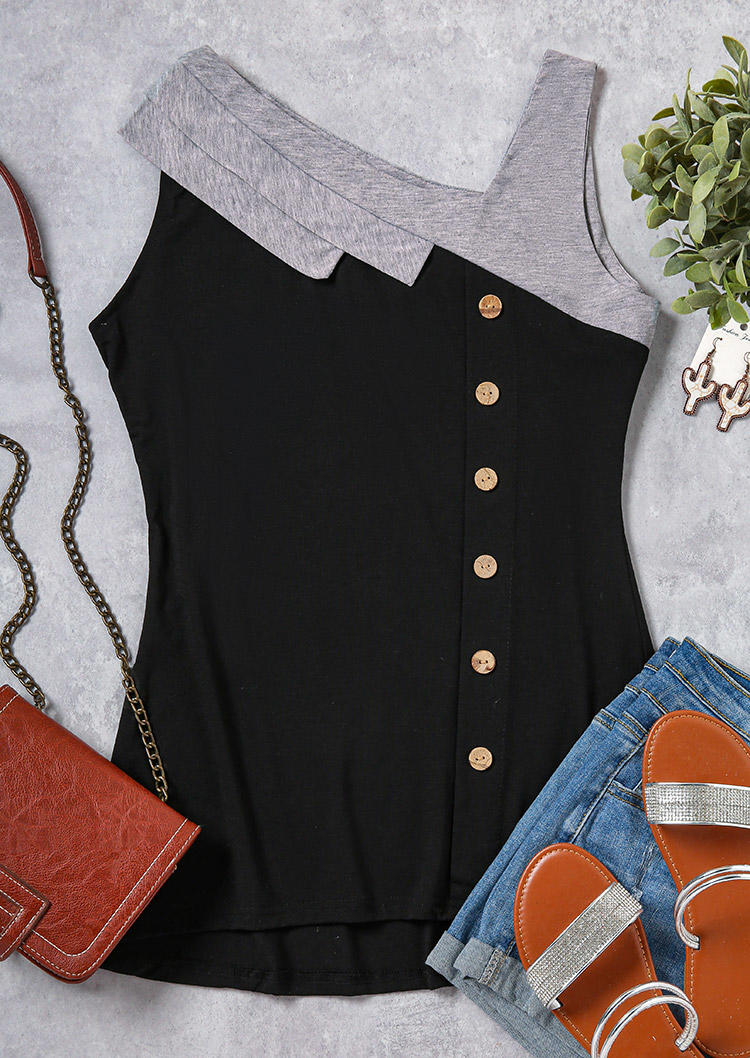 

Tank Tops Color Block Button Irregular Collar Tank Top in Black. Size: L,M,,XL