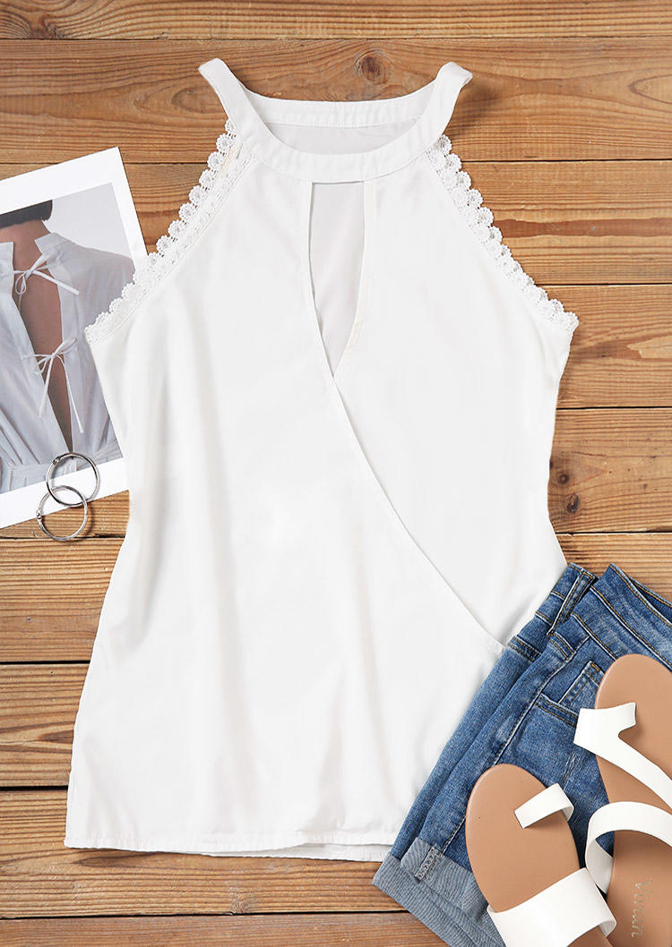 

Tank Tops Hollow Out Lace Splicing Wrap Tank Top in White. Size: L,M