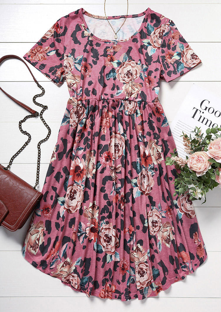Floral Short Sleeve O-Neck Mini Dress - Pink