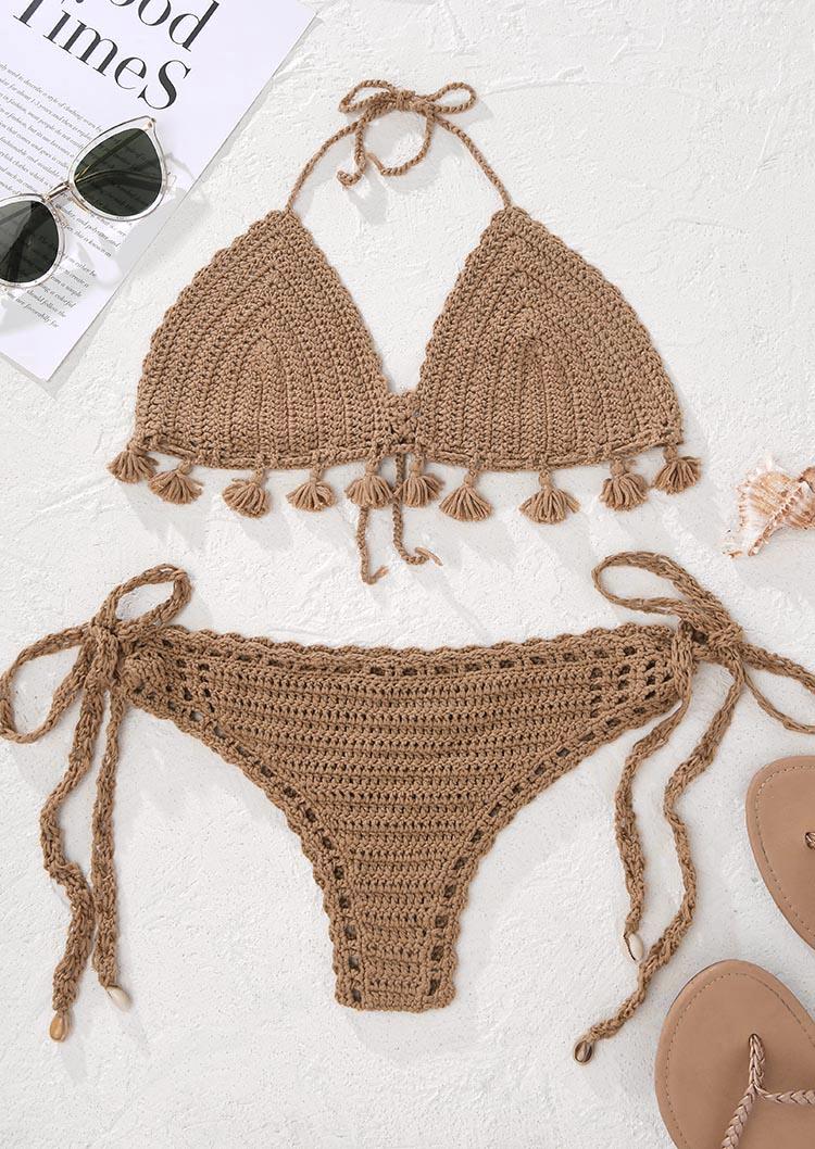 

Bikini Sets Crochet Tassel Tie Halter Bikini Set in Khaki. Size