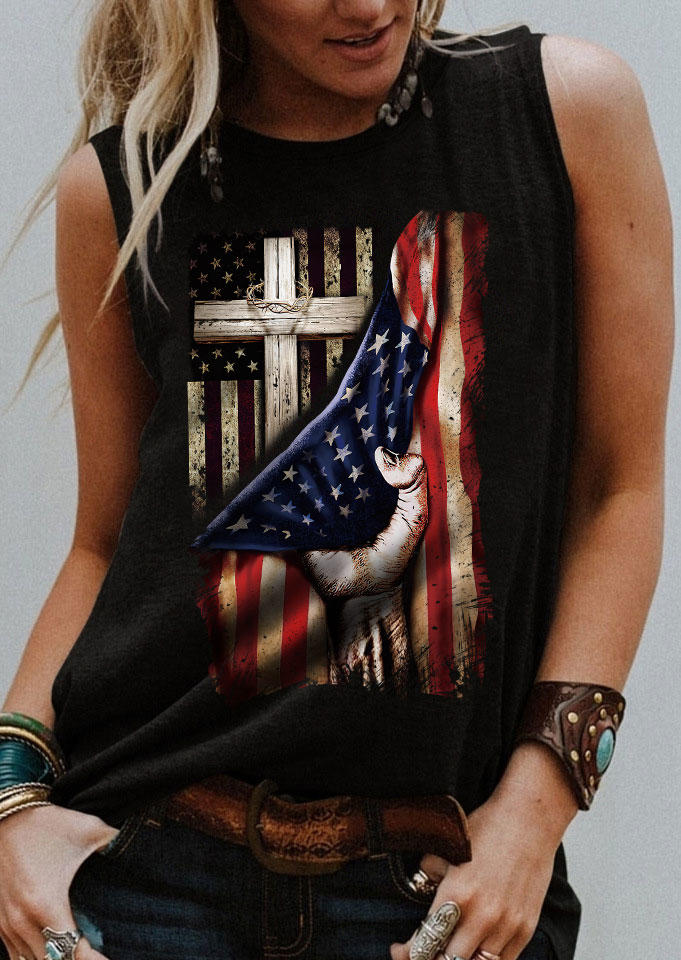 

Tank Tops American Flag Cross O-Neck Tank Top in Black. Size