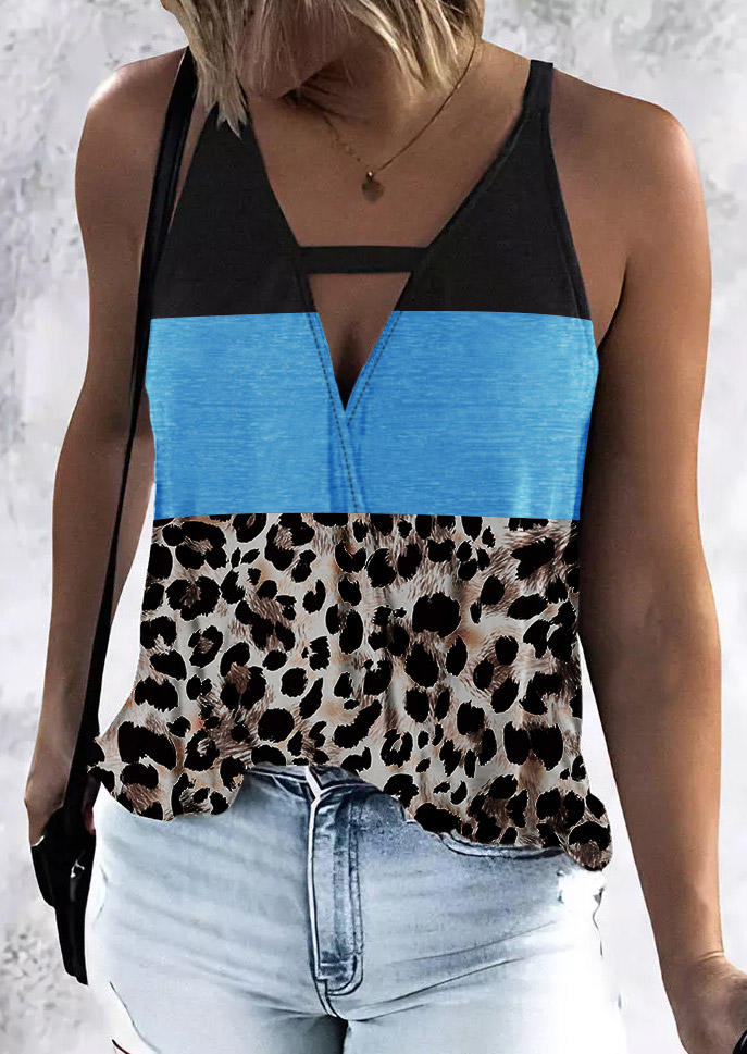 

Tank Tops Color Block Leopard Hollow Out Tank Top in Multicolor. Size: L,M