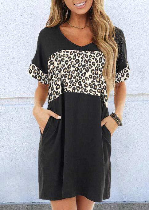 

Mini Dresses Leopard Color Block Pocket Mini Dress in Black. Size
