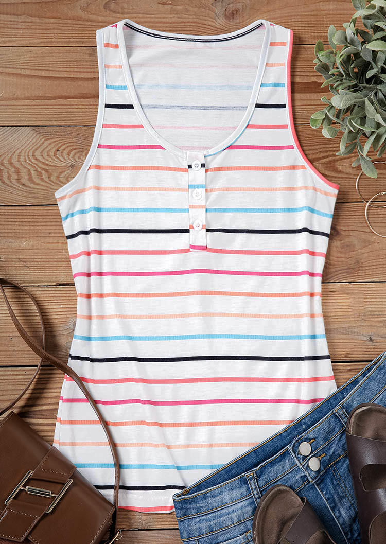 

Tank Tops Striped Button O-Neck Tank Top in Multicolor. Size: M