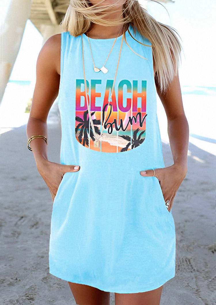 Beach Bum Coconut Tree Pocket Sleeveless Mini Dress - Lake Blue