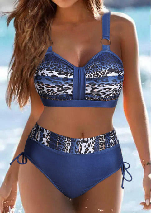 Leopard Color Block Drawstring Bikini Set - Blue