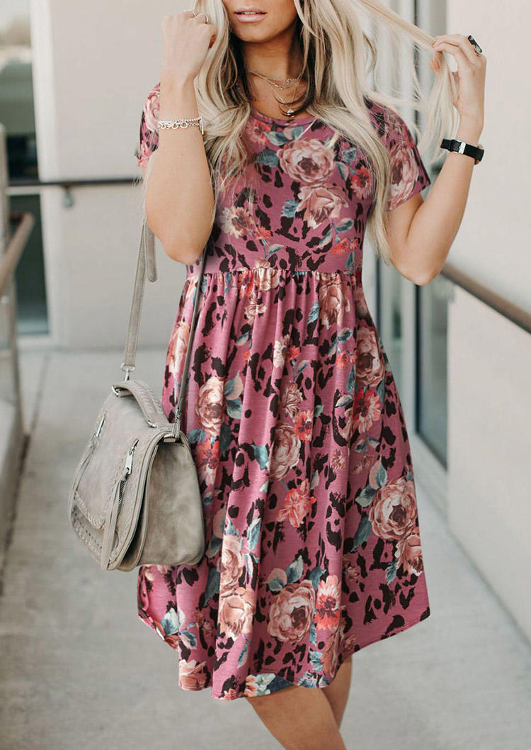 Floral Short Sleeve O-Neck Mini Dress - Pink