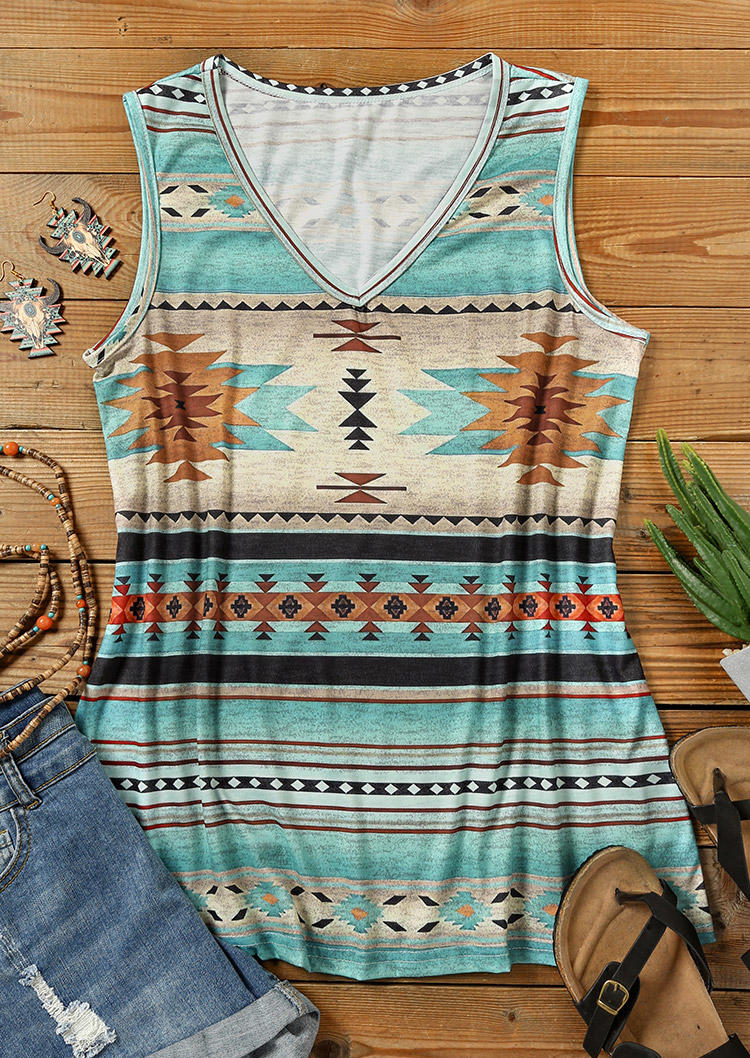 

Tank Tops Aztec Geometric V-Neck Casual Tank Top in Multicolor. Size