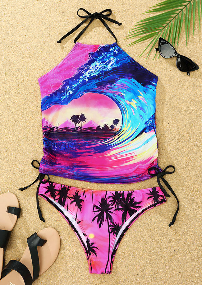 

Tankinis Coconut Tree Wave Halter Tankini Set in Multicolor. Size