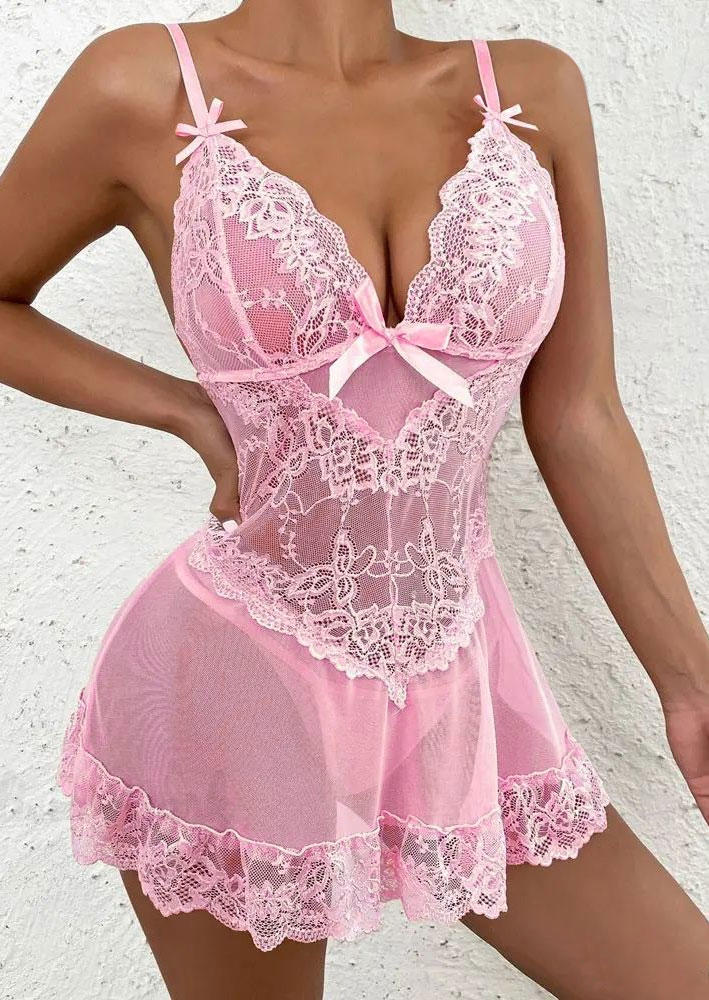 

Lingerie Lace Splicing Bowknot Lingerie Set in Pink. Size