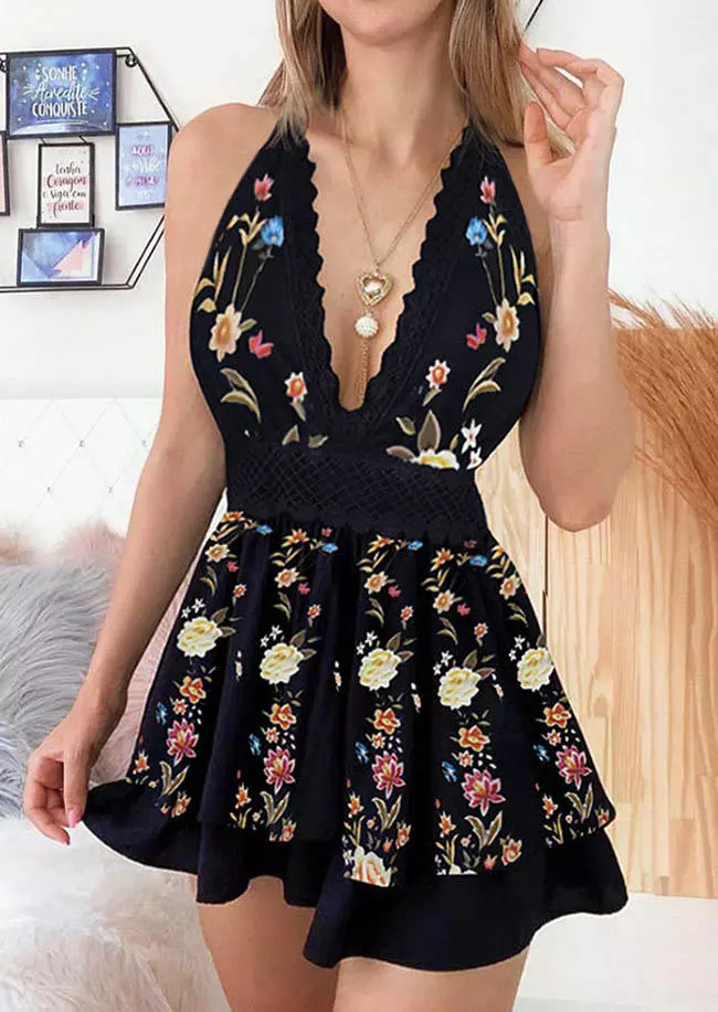 Floral Lace Open Back Halter Mini Dress - Black - Fairyseason