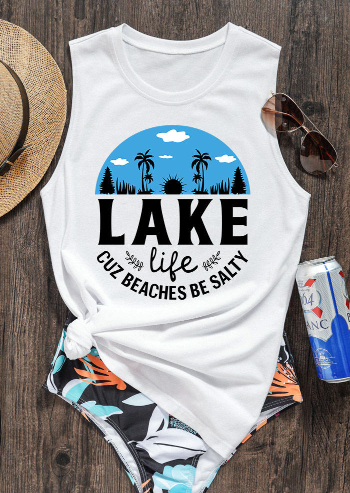 

Tank Tops Lake Life Cuz Beaches Be Salty Coconut Tree Tank Top in White. Size