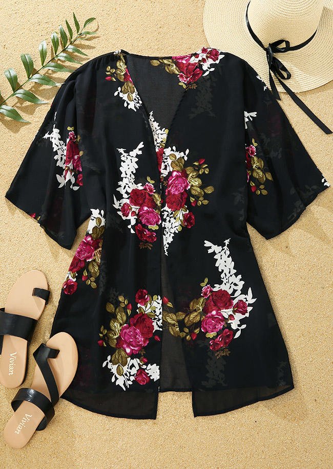 

Cardigans Floral Open Front Cardigan in Black. Size