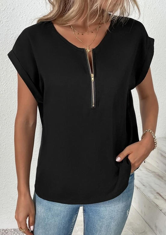 

Blouses Zipper O-Neck Casual Blouse in Black. Size: M,,XL