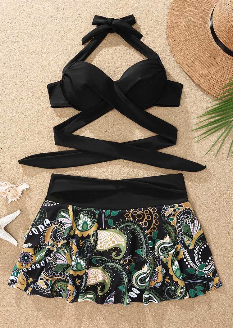

Bikini Sets Floral Criss-Cross Halter Bikini Set in Black. Size: L,M,,XL
