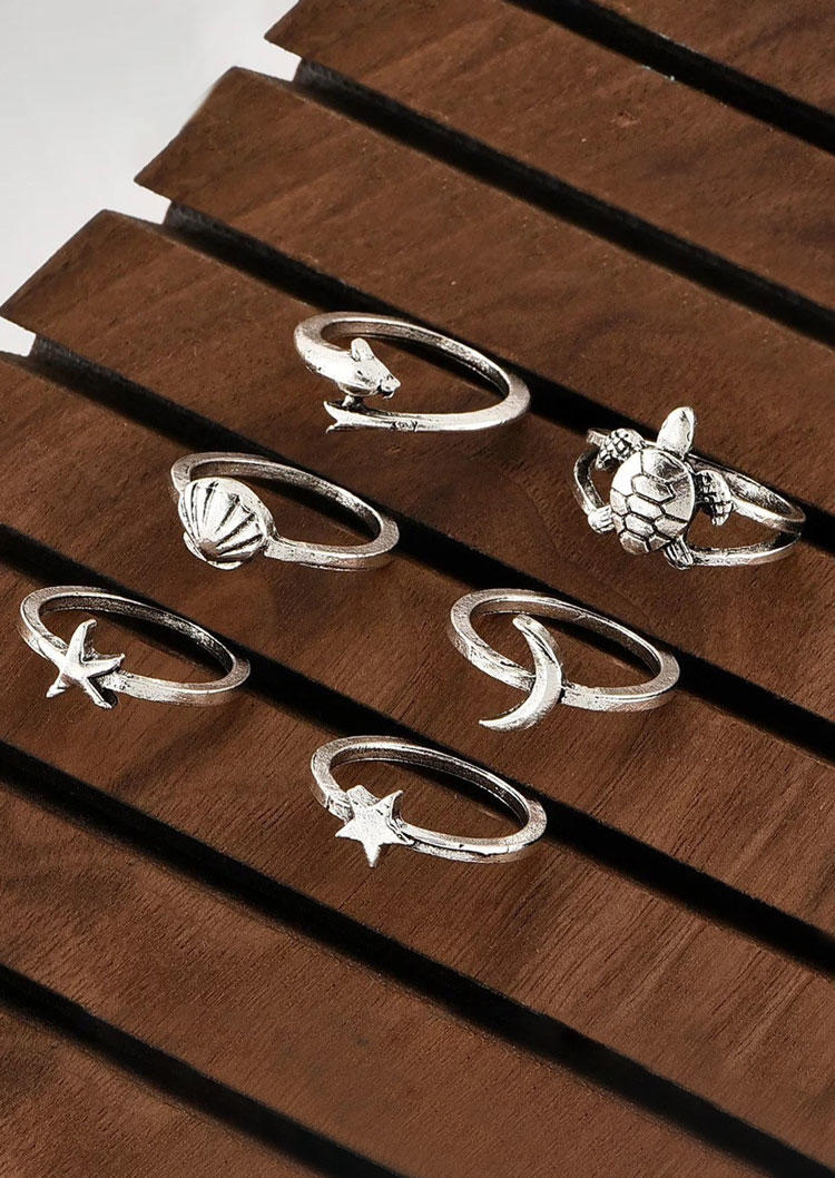 

Rings 6Pcs Sea Turtle Shell Starfish Moon Star Ring Set in Silver. Size