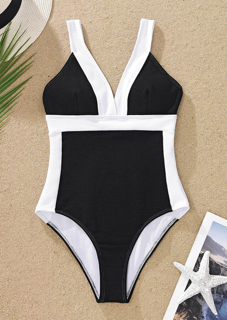 

One-Pieces Swimsuit Color Block V-Neck One-Piece Bathing Suit Swimwear in Multicolor. Size