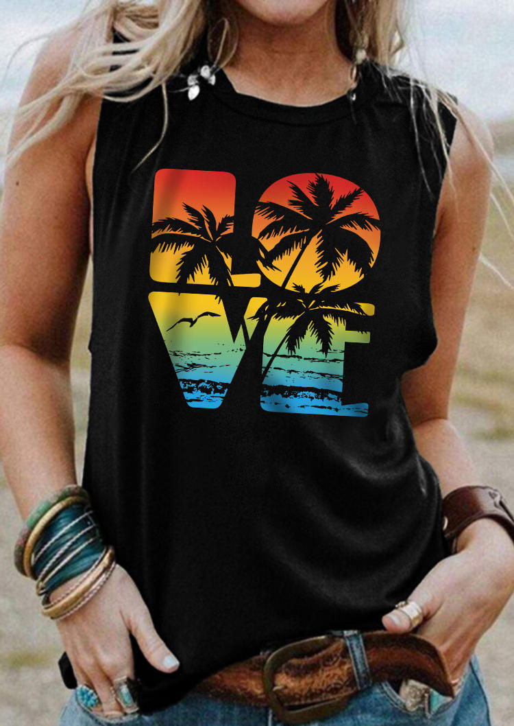 Love Coconut Tree O-Neck Tank - Black