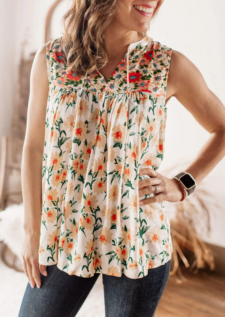 

Tank Tops Floral Ruffled Tie V-Neck Tank Top in Multicolor. Size: L,M