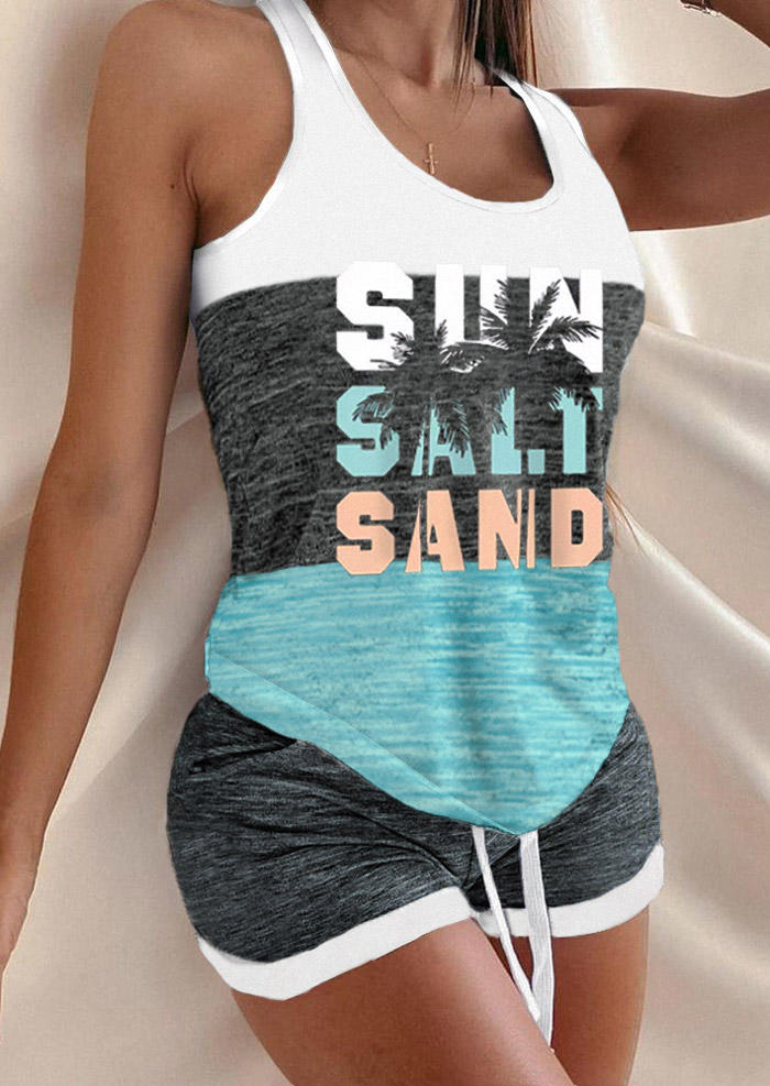 Sun Salt Sand Color Block Coconut Tree Tank And Shorts Pajamas Set