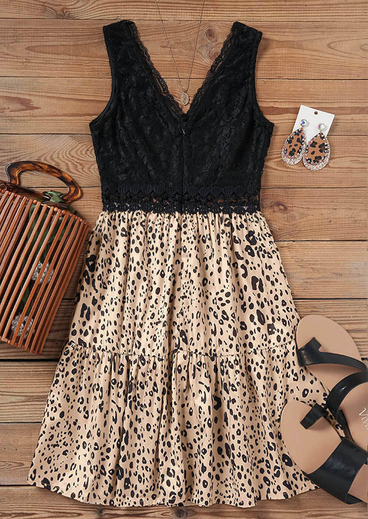 Leopard Lace Splicing Ruffled Open Back Mini Dress