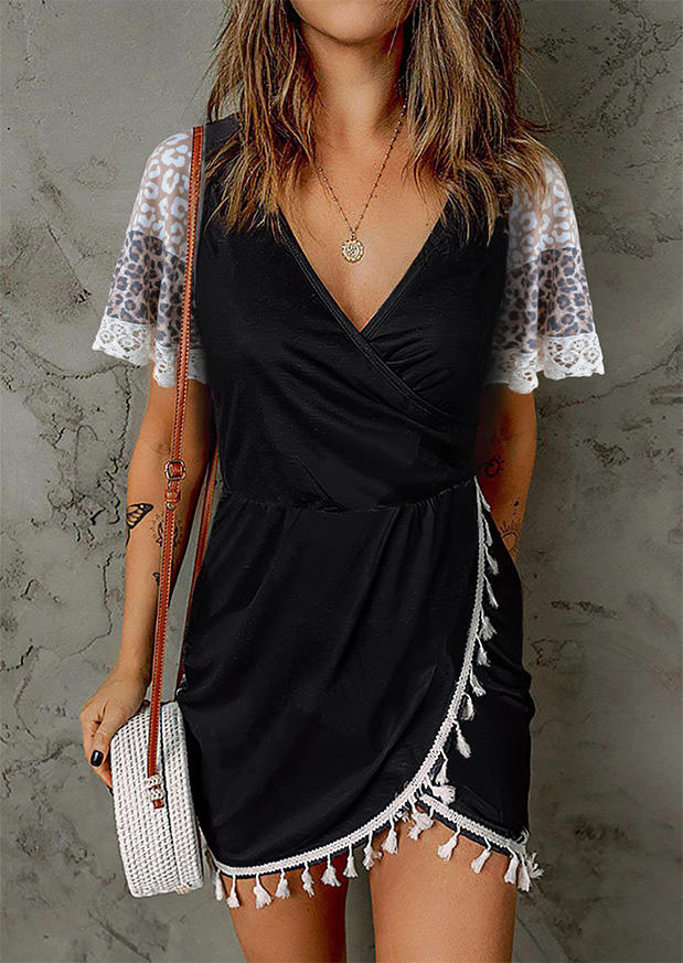 Leopard Lace Splicing Wrap V-Neck Mini Dress - Black