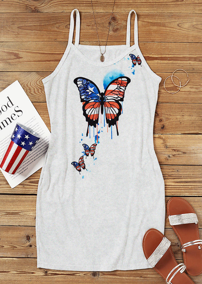 American Flag Butterfly Pocket Mini Dress - Light Grey