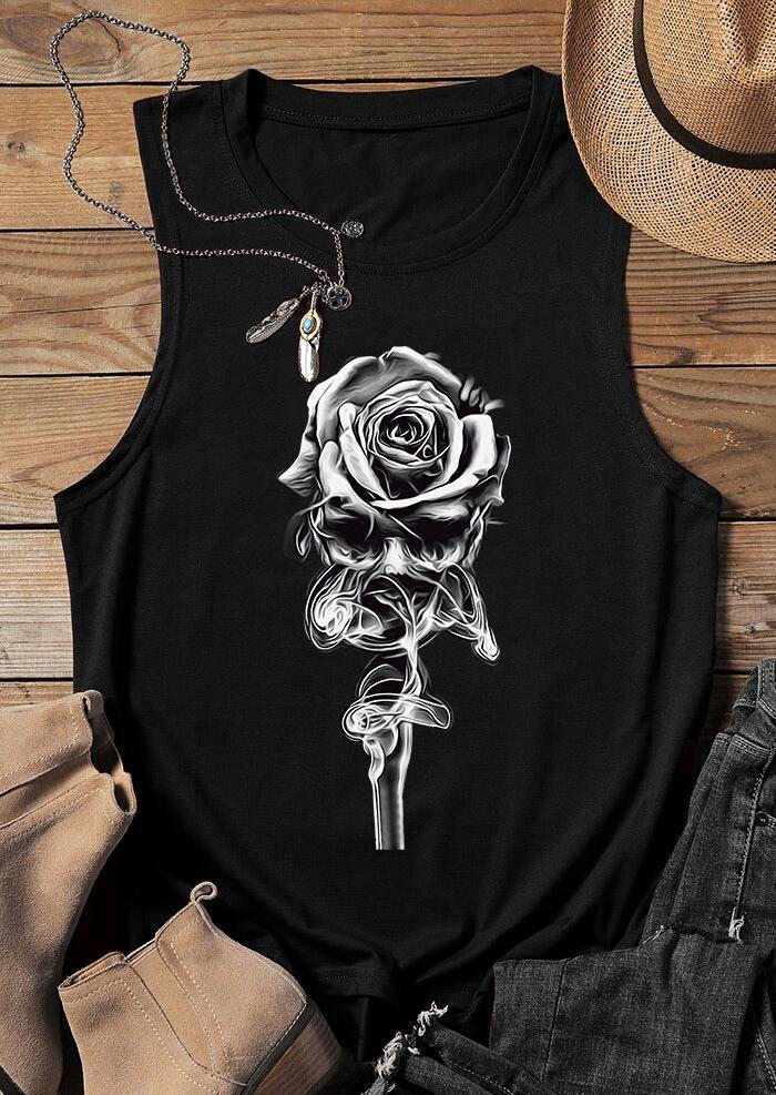

Tank Tops Rose O-Neck Casual Tank Top in Black. Size
