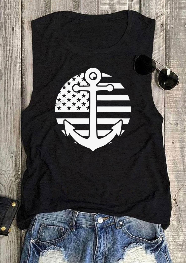 

Tank Tops Anchor American Flag O-Neck Tank Top in Black. Size