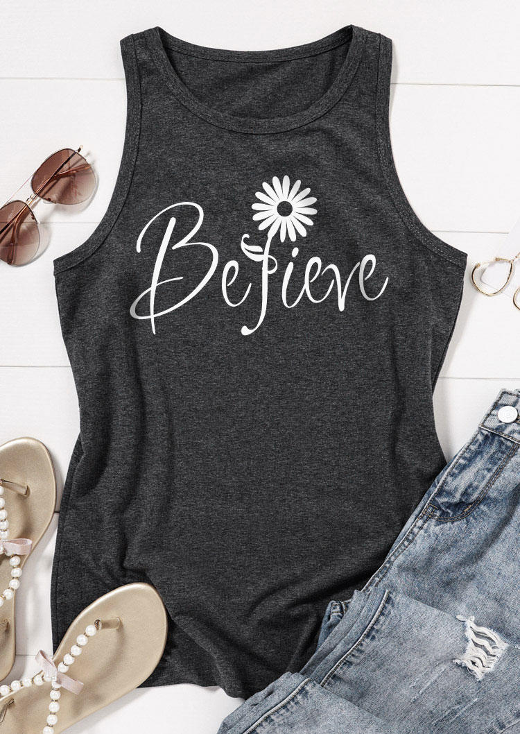 

Tank Tops Believe Floral O-Neck Tank Top - Dark Grey in Gray. Size: L