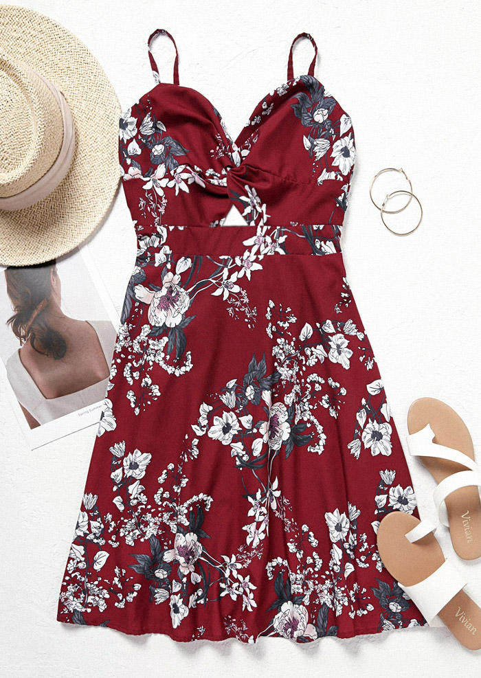 

Mini Dresses Floral Twist Ruched Hollow Out Mini Dress - Burgundy in Red. Size