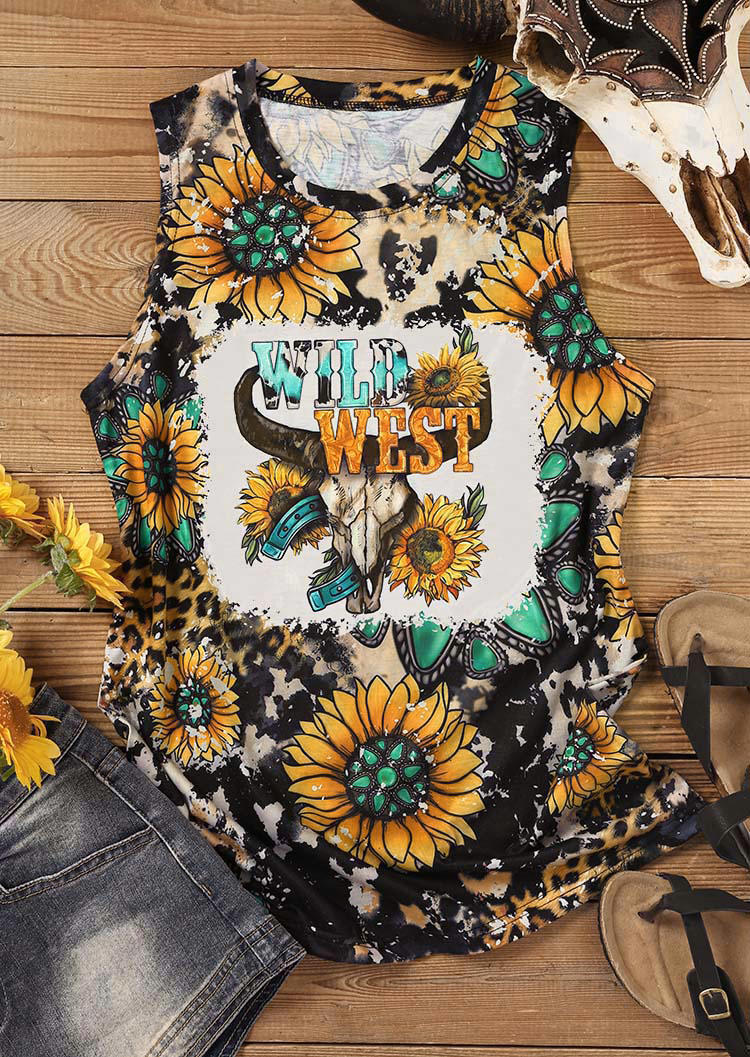 

Tank Tops Wild West Steer Skull Sunflower Leopard Turquoise Tank Top in Multicolor. Size