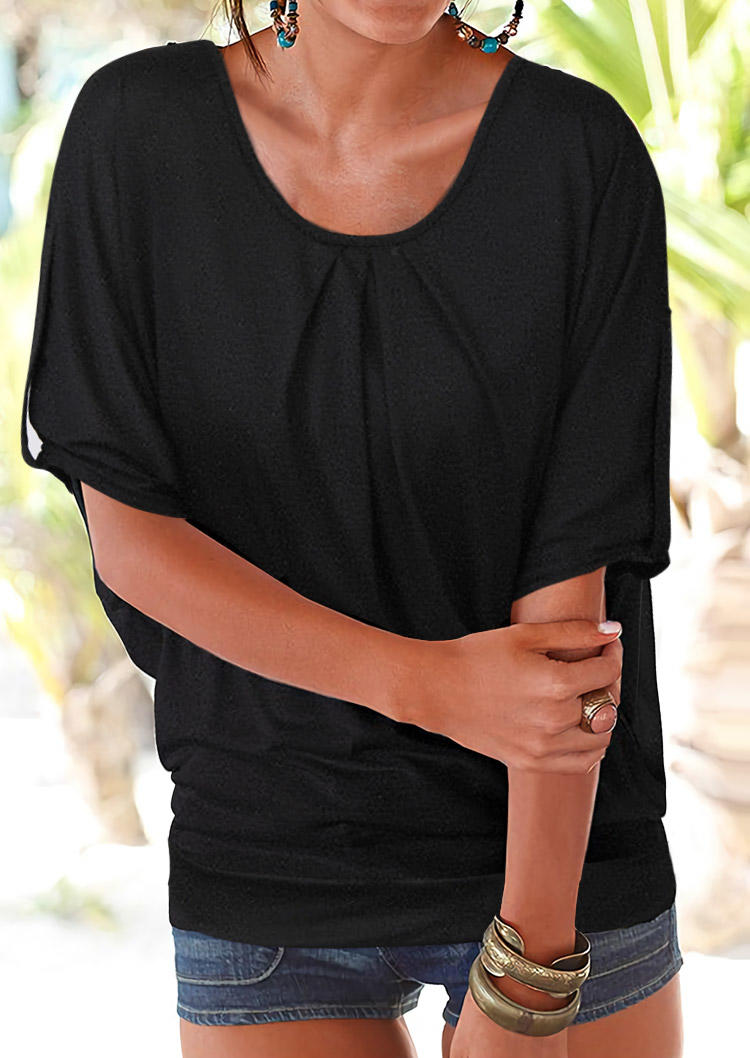 

Blouses Lace Splicing Open Back Tab-Sleeve Blouse in Black. Size