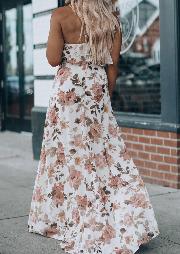 Floral Slit Ruffled Backless Maxi Dress - White