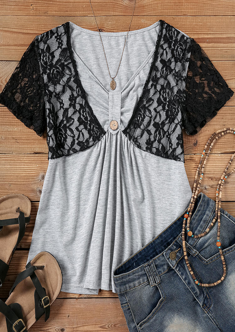 

Blouses Button Ruched Lace Splicing Fake Two-Piece Blouse - Light Grey in Gray. Size: L,M,,XL