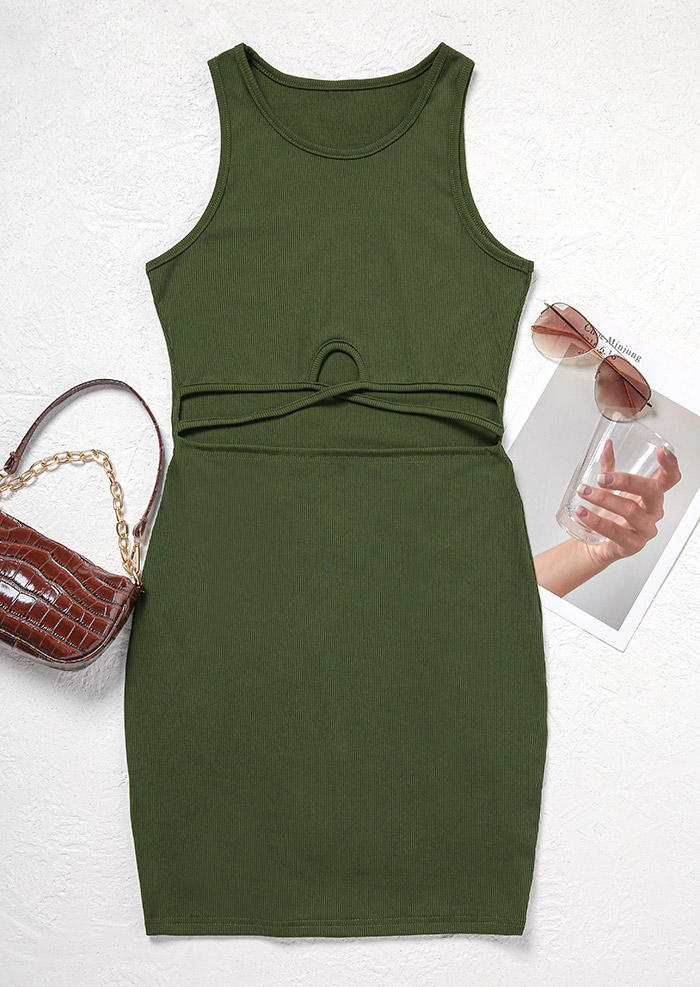 Hollow Out Criss-Cross O-Neck Bodycon Dress - Army Green
