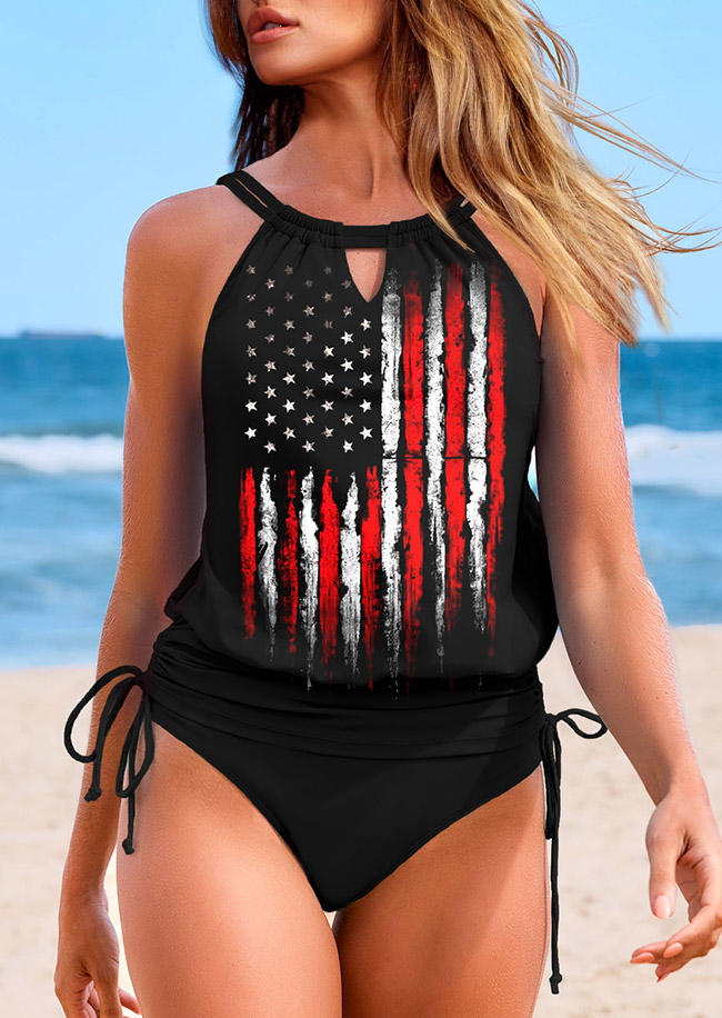 American Flag Drawstring Halter Tankini Set - Black