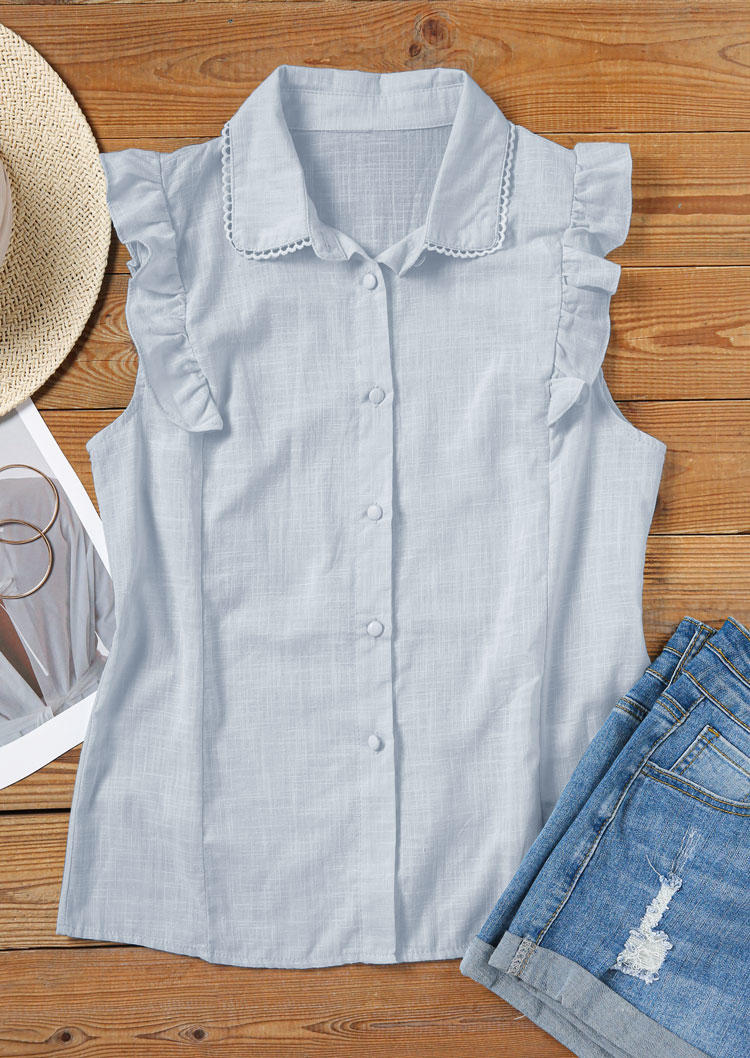 Ruffled Button Turn-Down Collar Shirt - Light Blue
