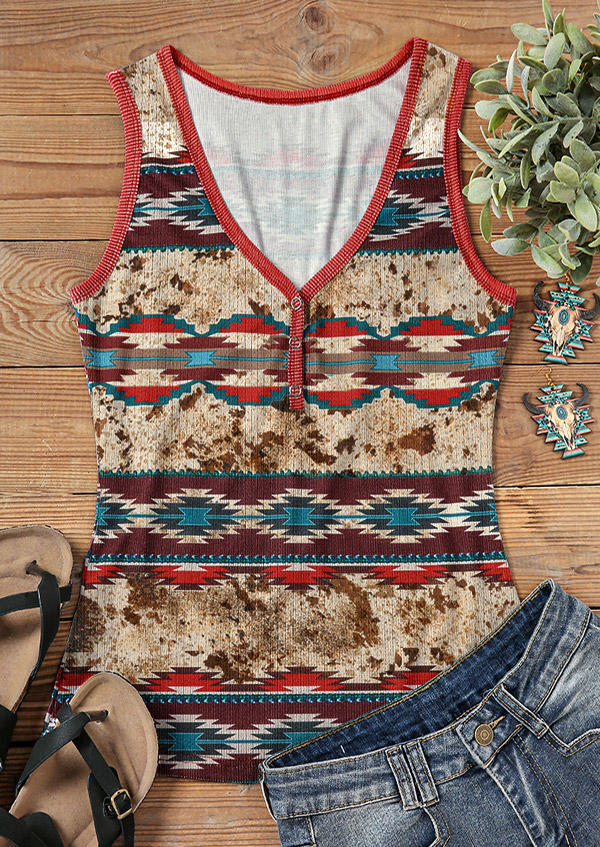 

Tank Tops Aztec Geometric Western Snap Button Tank Top in Multicolor. Size