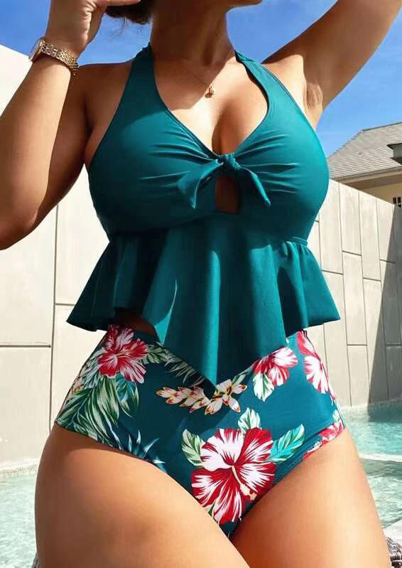 

Tankinis Floral Ruffled Hollow Out Halter Tankini Set in Green. Size: M
