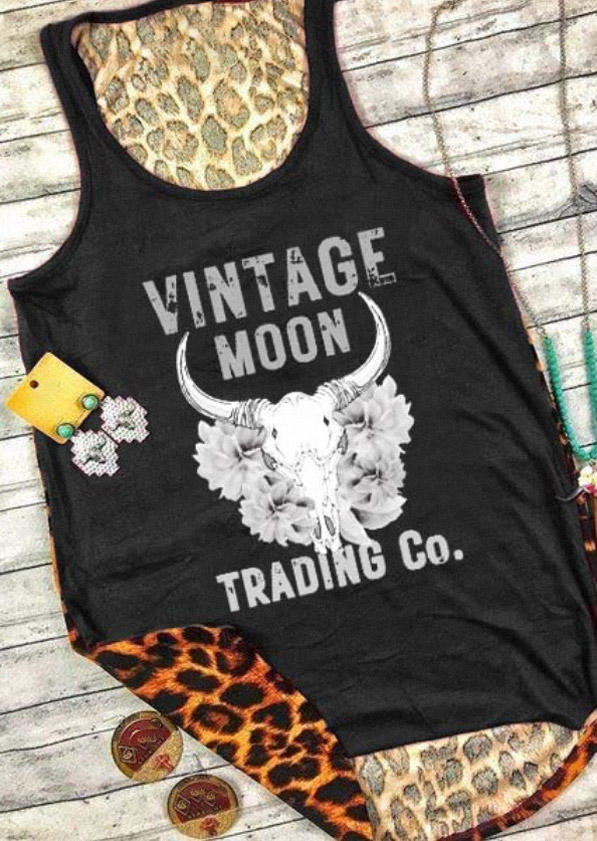 

Tank Tops Vintage Moon Floral Steer Skull Leopard Tank Top in Black. Size: M,,XL