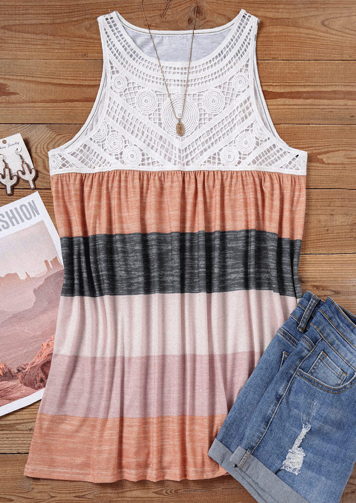 

Tank Tops Color Block Lace Splicing O-Neck Tank Top in Multicolor. Size: L,M,,XL