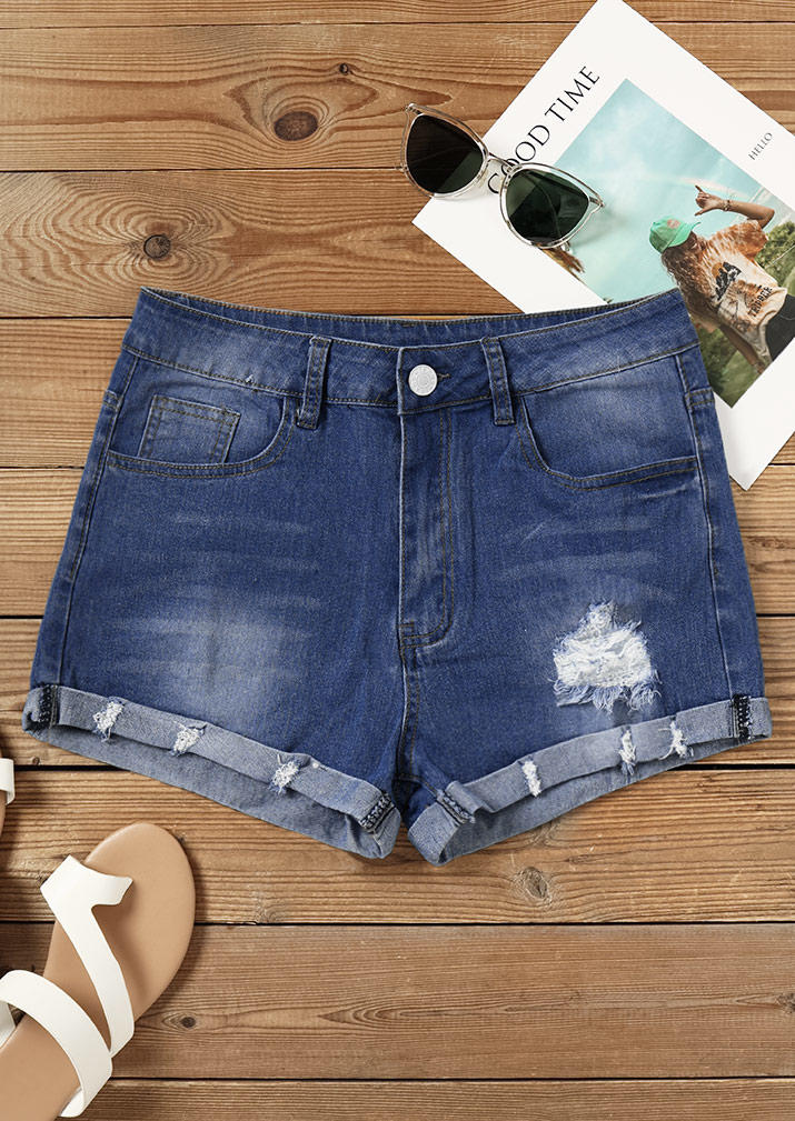 

Shorts Pocket Button Ripped Denim Shorts - Deep Blue in Blue. Size