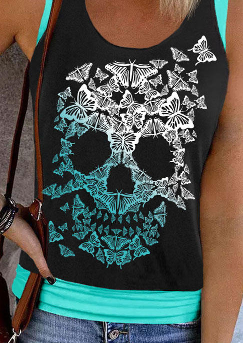 

Tank Tops Butterfly Skull O-Neck Fake Two-Piece Tank Top in Blue. Size: ,XL