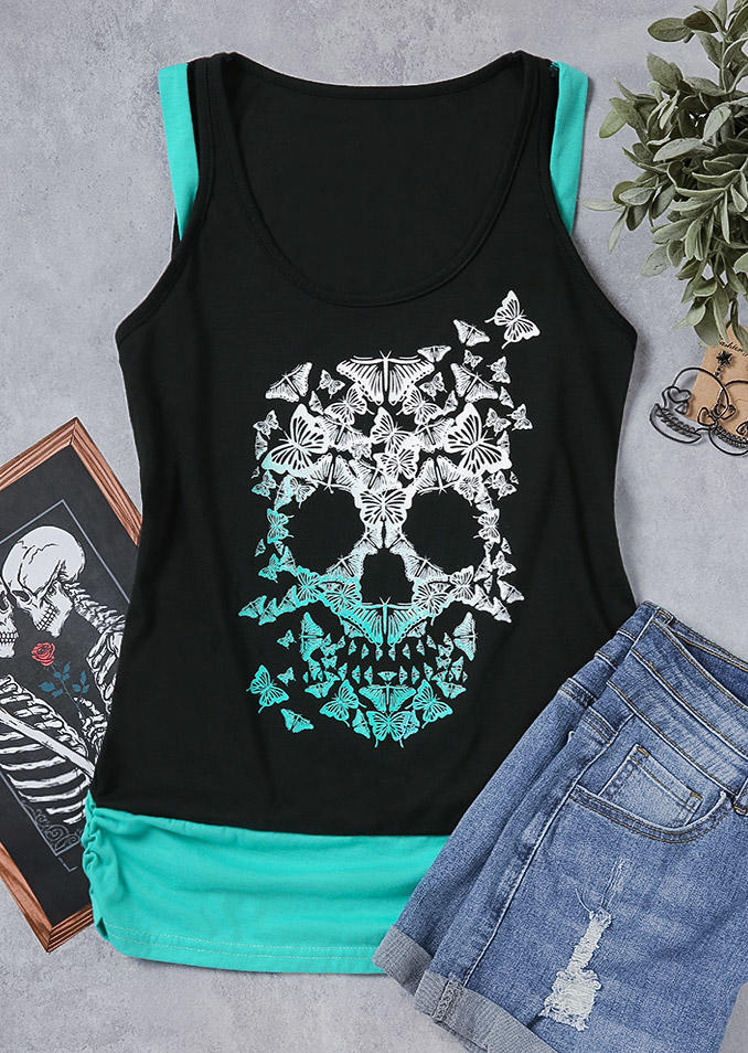 Butterfly Skull O-Neck Fake Two-Piece Tank