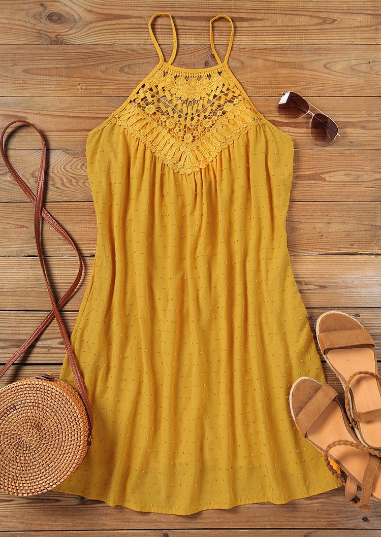 

Mini Dresses Dotted Swiss Lace Hollow Out Mini Dress in Yellow. Size: L,M