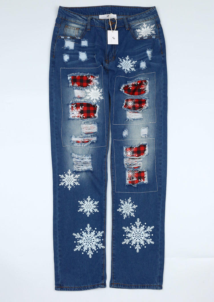 FAIRY SEASON Christmas Snowflake Plaid Ripped Frayed Denim Pants - Blue