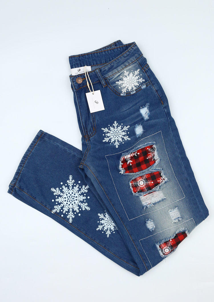 

Pants FAIRY SEASON Christmas Snowflake Plaid Ripped Frayed Denim Pants in Blue. Size: L,M