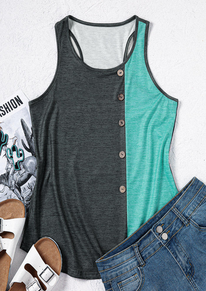 

Tank Tops Color Block Button O-Neck Racerback Tank Top in Gray. Size: L,M,,XL